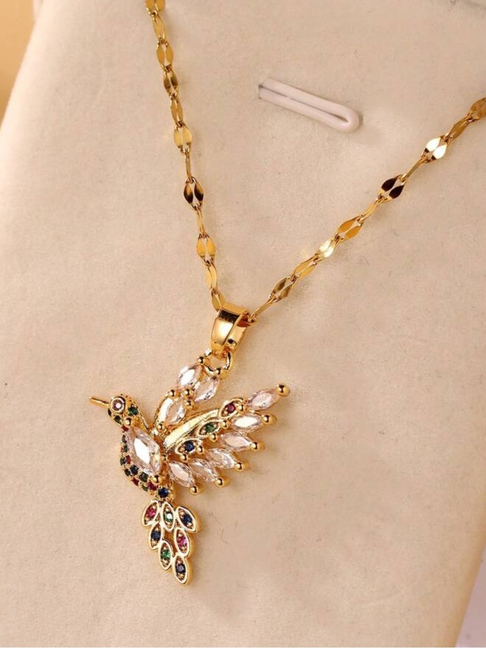 Gold Hummingbird Pendant Necklace with Multicolor Stones - Women Jewelry